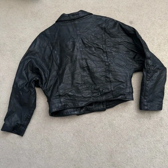Vintage 1980s Philip Noel Cropped Black Leather Boxy Jacket